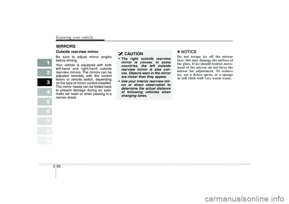 KIA CERATO 2006 Owners Manual Knowing your vehicle
82
3
1 23456789
Outside rearview mirror Be sure to adjust mirror angles
before driving.
Your vehicle is equipped with both
left-hand and right-hand outside
rearview mirrors. KIA CERATO 2006 Owners Manual Knowing your vehicle
82
3
1 23456789
Outside rearview mirror Be sure to adjust mirror angles
before driving.
Your vehicle is equipped with both
left-hand and right-hand outside
rearview mirrors.