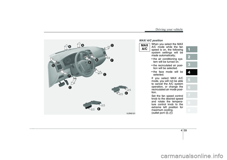 KIA CERATO 2004  Owners Manual 459
1 23456789
Driving your vehicle
MAX/ A/C position 
When you select the MAX 
A/C mode while the fan
speed is on, the followingsystem settings will bemade automatically; 
tem will be turned on.
 tio