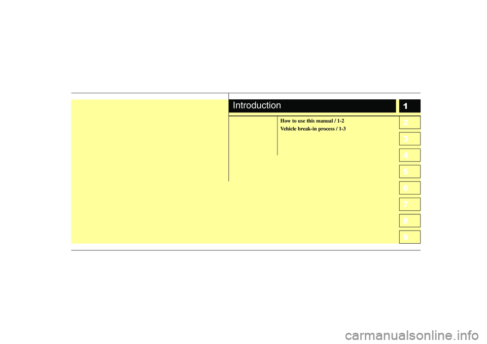 KIA CERATO 2004  Owners Manual 1 23456789
How to use this manual / 1-2 
Vehicle break-in process / 1-3
Introduction 