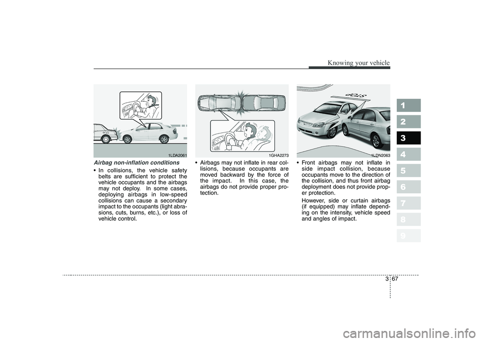 KIA CERATO 2004 Manual PDF 367
1 23456789
Knowing your vehicle
Airbag non-inflation conditions
In collisions, the vehicle safetybelts are sufficient to protect the
vehicle occupants and the airbags
may not deploy. In some cas KIA CERATO 2004 Manual PDF 367
1 23456789
Knowing your vehicle
Airbag non-inflation conditions
In collisions, the vehicle safetybelts are sufficient to protect the
vehicle occupants and the airbags
may not deploy. In some cas