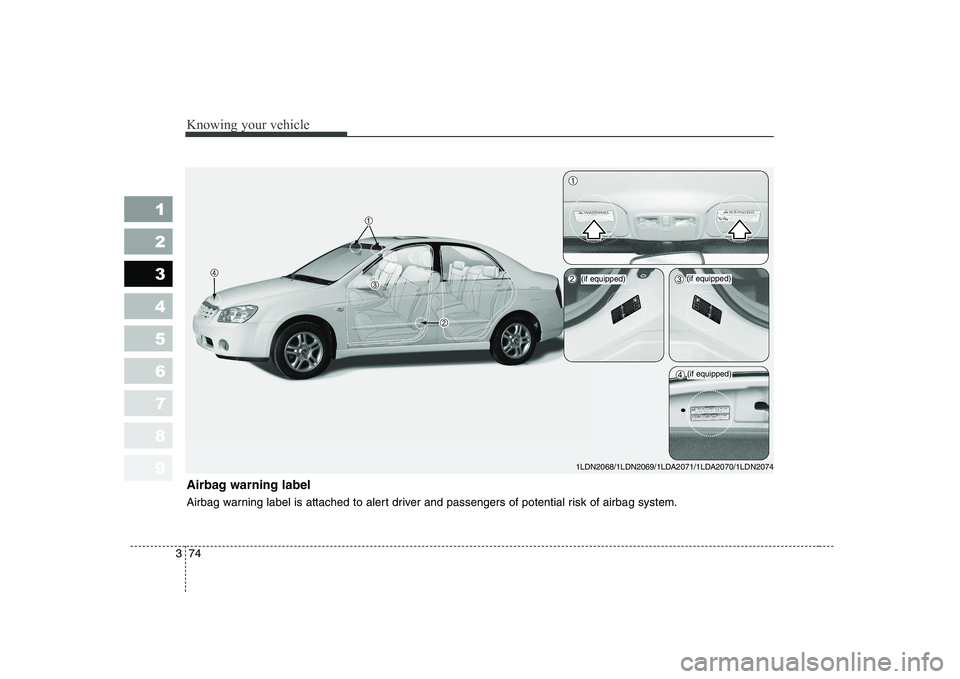 KIA CERATO 2004 Manual Online Knowing your vehicle
74
3
1 23456789
Airbag warning label 
Airbag warning label is attached to alert driver and passengers of potential risk of airbag system.
1LDN2068/1LDN2069/1LDA2071/1LDA2070/1LDN2