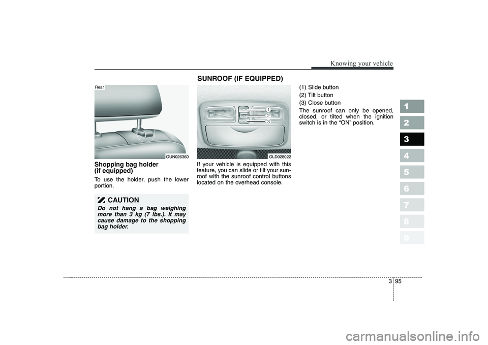 KIA CERATO 2008  Owners Manual 395
1 23456789
Knowing your vehicle
Shopping bag holder  (if equipped) 
To use the holder, push the lower 
portion.If your vehicle is equipped with this
feature, you can slide or tilt your sun-
roof w