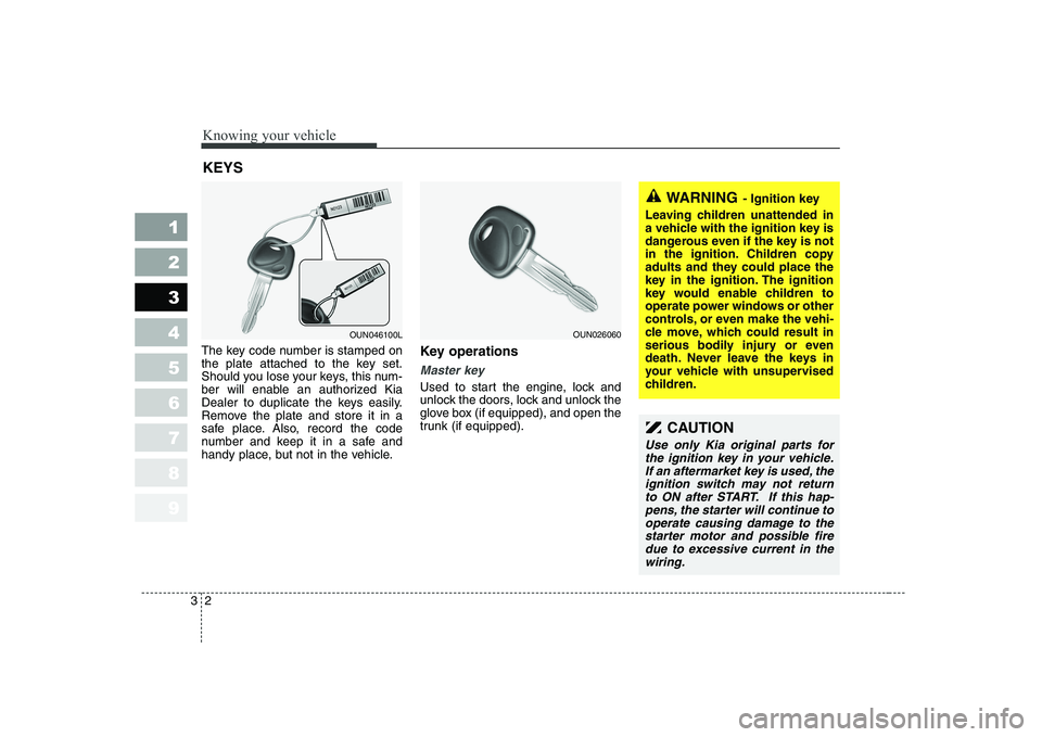KIA CERATO 2008 User Guide Knowing your vehicle
2
3
1 23456789
CAUTION
Use only Kia original parts for
the ignition key in your vehicle.If an aftermarket key is used, theignition switch may not return to ON after START. If this KIA CERATO 2008 User Guide Knowing your vehicle
2
3
1 23456789
CAUTION
Use only Kia original parts for
the ignition key in your vehicle.If an aftermarket key is used, theignition switch may not return to ON after START. If this
