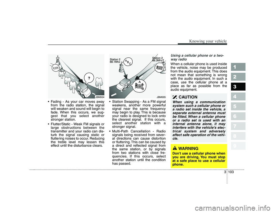 KIA CERATO 2008  Owners Manual 3103
Knowing your vehicle
1 23456789
• Fading - As your car moves awayfrom the radio station, the signal 
will weaken and sound will begin to
fade. When this occurs, we sug-
gest that you select ano