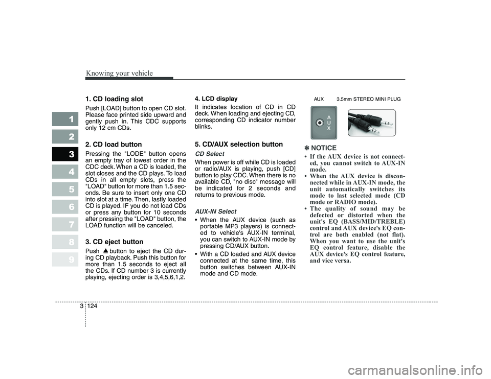 KIA CERATO 2008  Owners Manual Knowing your vehicle
124
3
1 23456789
1. CD loading slot 
Push [LOAD] button to open CD slot. 
Please face printed side upward and
gently push in. This CDC supports
only 12 cm CDs. 
2. CD load button 