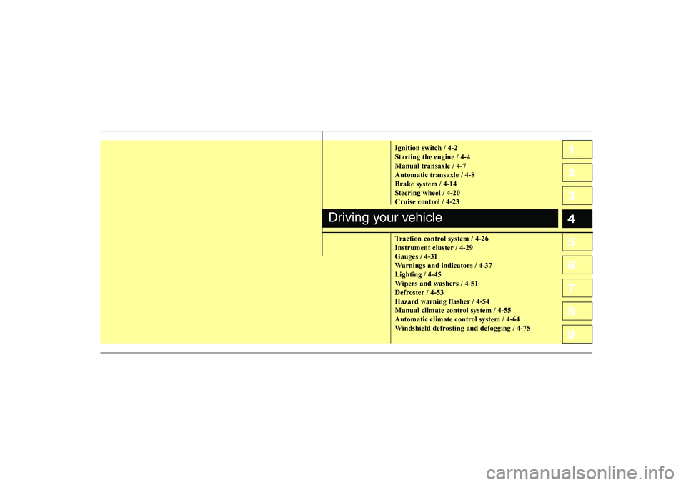 KIA CERATO 2008 Owners Manual 1 23456789Ignition switch / 4-2
Starting the engine / 4-4Manual transaxle / 4-7Automatic transaxle / 4-8Brake system / 4-14
Steering wheel / 4-20
Cruise control / 4-23
Traction control system / 4-26 KIA CERATO 2008 Owners Manual 1 23456789Ignition switch / 4-2
Starting the engine / 4-4Manual transaxle / 4-7Automatic transaxle / 4-8Brake system / 4-14
Steering wheel / 4-20
Cruise control / 4-23
Traction control system / 4-26