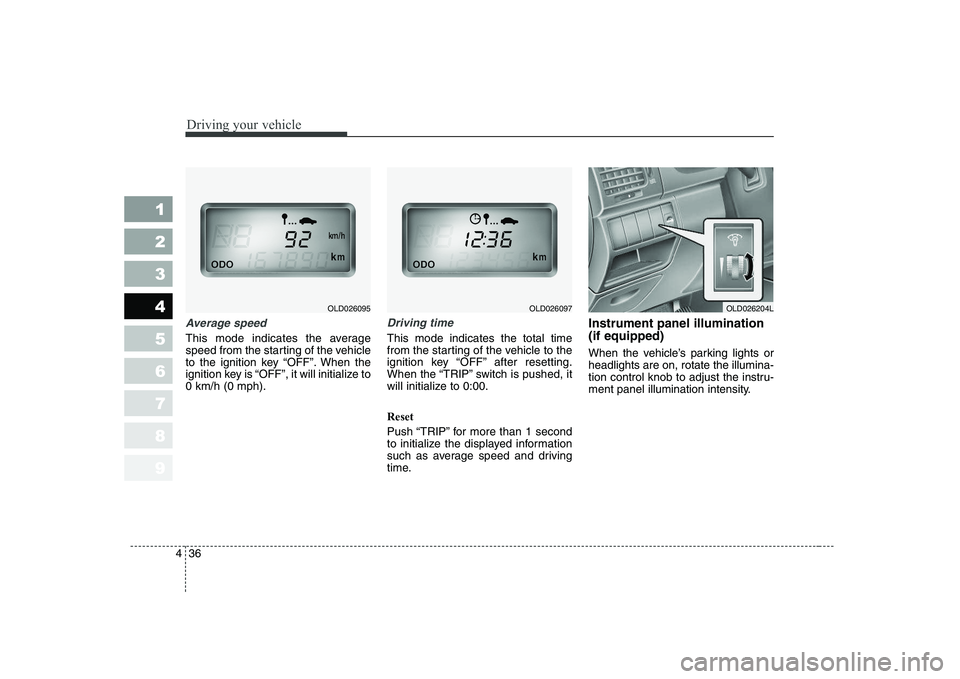 KIA CERATO 2008  Owners Manual Driving your vehicle
36
4
1 23456789
Average speed
This mode indicates the average 
speed from the starting of the vehicle
to the ignition key “OFF”. When the
ignition key is “OFF”, it will in