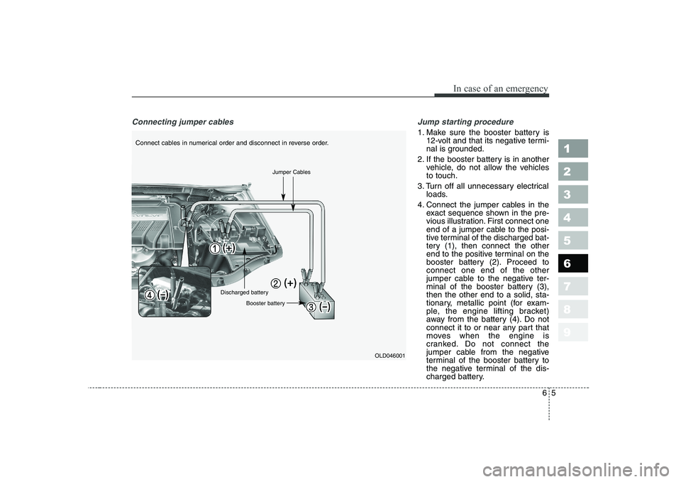KIA CERATO 2008  Owners Manual 65
In case of an emergency
Connecting jumper cables    Jump starting procedure 
1. Make sure the booster battery is
12-volt and that its negative termi- 
nal is grounded.
2. If the booster battery is 
