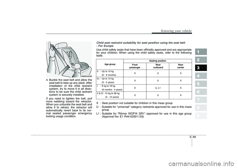 KIA CERATO 2008 Workshop Manual 349
1 23456789
Knowing your vehicle
4. Buckle the seat belt and allow theseat belt to take up any slack. After
installation of the child restraint
system, try to move it in all direc-
tions to be sur KIA CERATO 2008 Workshop Manual 349
1 23456789
Knowing your vehicle
4. Buckle the seat belt and allow theseat belt to take up any slack. After
installation of the child restraint
system, try to move it in all direc-
tions to be sur