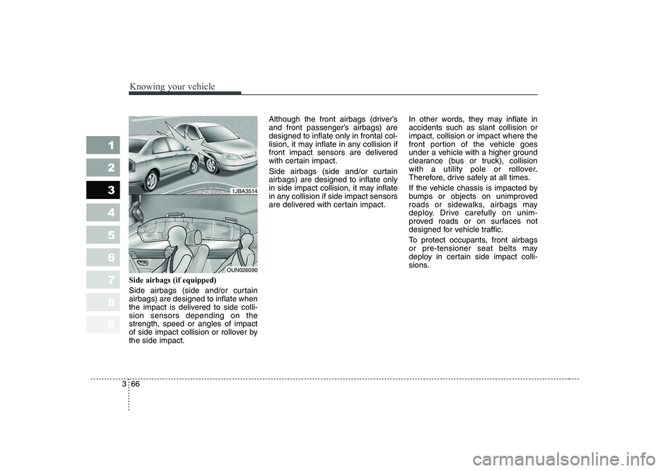 KIA CERATO 2008 Manual PDF Knowing your vehicle
66
3
1 23456789
Side airbags (if equipped)
Side airbags (side and/or curtain airbags) are designed to inflate when
the impact is delivered to side colli-sion sensors depending on KIA CERATO 2008 Manual PDF Knowing your vehicle
66
3
1 23456789
Side airbags (if equipped)
Side airbags (side and/or curtain airbags) are designed to inflate when
the impact is delivered to side colli-sion sensors depending on