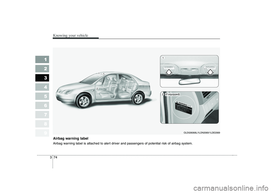 KIA CERATO 2008 Manual Online Knowing your vehicle
74
3
1 23456789
Airbag warning label
Airbag warning label is attached to alert driver and passengers of potential risk of airbag system.
OLD026068L/1LDN2069/1LDE2069
(if equipped KIA CERATO 2008 Manual Online Knowing your vehicle
74
3
1 23456789
Airbag warning label
Airbag warning label is attached to alert driver and passengers of potential risk of airbag system.
OLD026068L/1LDN2069/1LDE2069
(if equipped