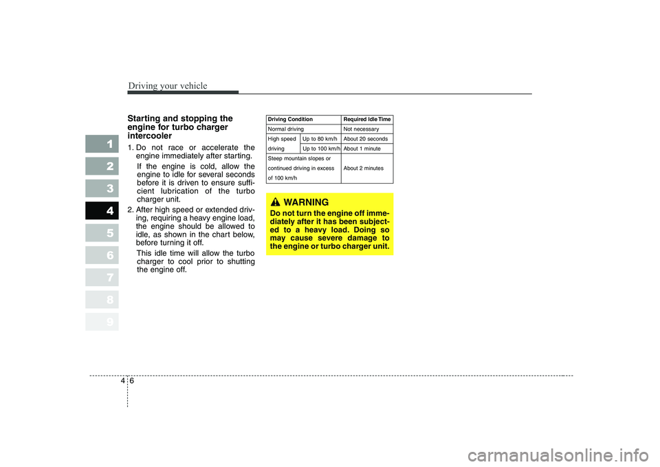 KIA CERATO 2005 Owners Manual Driving your vehicle
6
4
1 23456789
Starting and stopping the
engine for turbo charger
intercooler
1. Do not race or accelerate the
engine immediately after starting.
If the engine is cold, allow KIA CERATO 2005 Owners Manual Driving your vehicle
6
4
1 23456789
Starting and stopping the
engine for turbo charger
intercooler
1. Do not race or accelerate the
engine immediately after starting.
If the engine is cold, allow