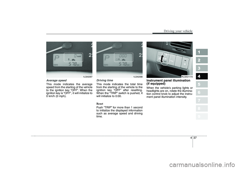 KIA CERATO 2005 Owners Manual 437
1 23456789
Driving your vehicle
Average speed
This mode indicates the average
speed from the starting of the vehicle
to the ignition key “OFF”. When the
ignition key is “OFF”, it will ini KIA CERATO 2005 Owners Manual 437
1 23456789
Driving your vehicle
Average speed
This mode indicates the average
speed from the starting of the vehicle
to the ignition key “OFF”. When the
ignition key is “OFF”, it will ini