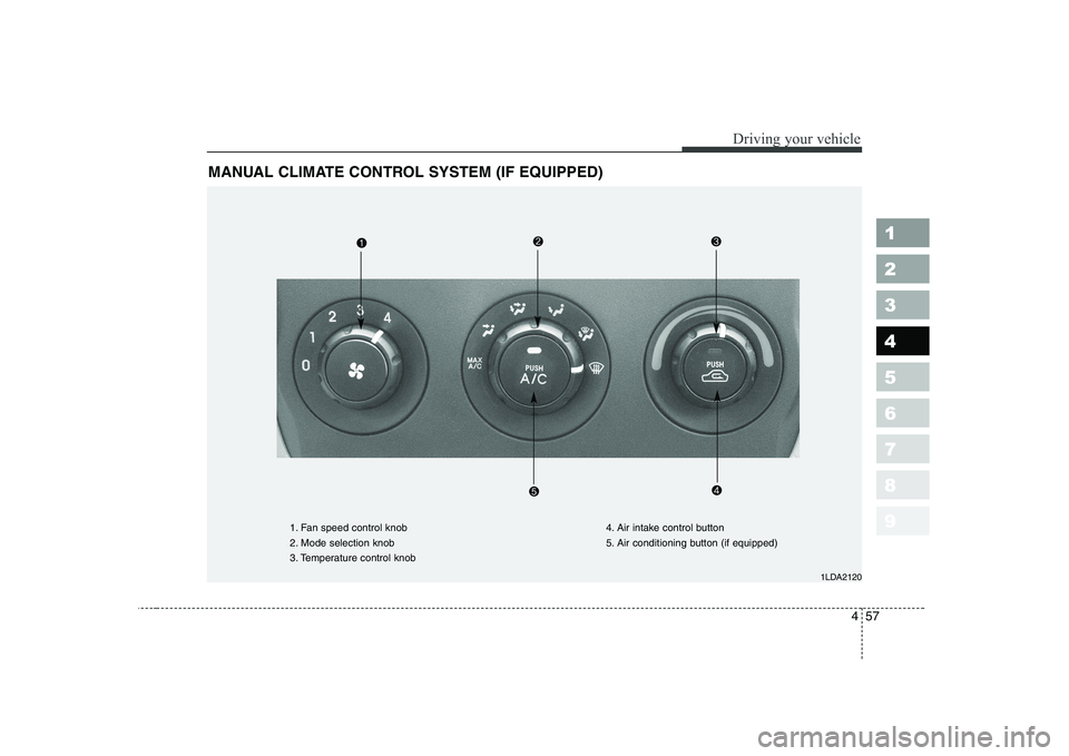 KIA CERATO 2005  Owners Manual 457
1 23456789
Driving your vehicle
MANUAL CLIMATE CONTROL SYSTEM (IF EQUIPPED)
1LDA2120
1. Fan speed control knob 
2. Mode selection knob
3. Temperature control knob4. Air intake control button
5. Ai