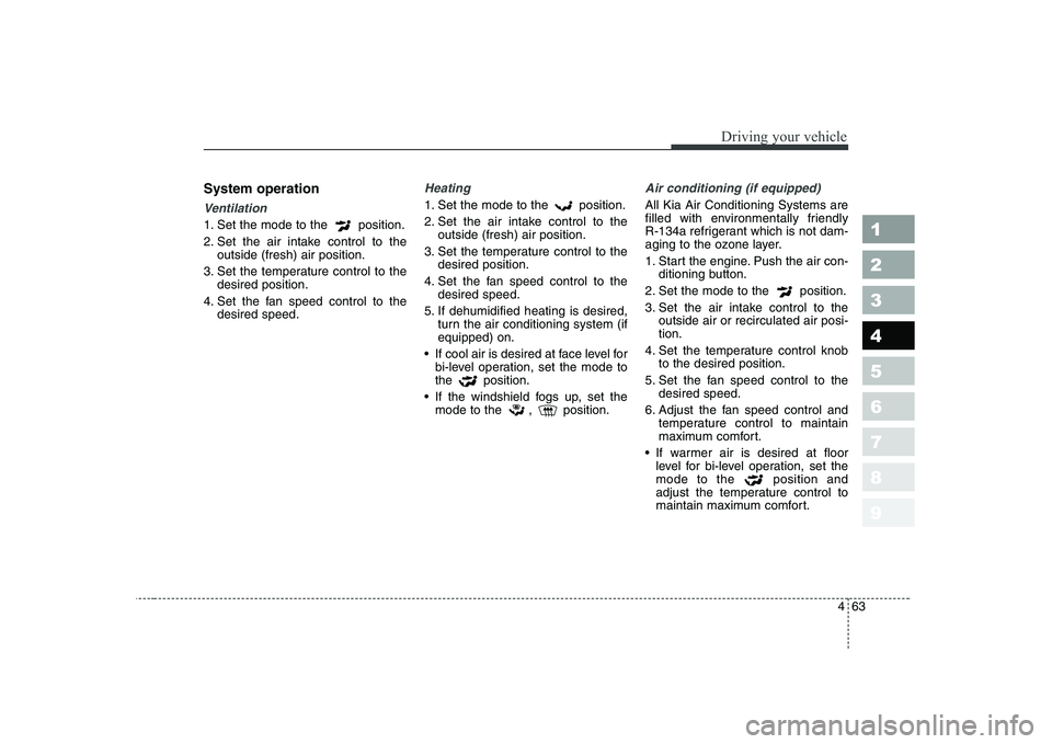 KIA CERATO 2005  Owners Manual 463
1 23456789
Driving your vehicle
System operation
Ventilation
1. Set the mode to the  position. 
2. Set the air intake control to theoutside (fresh) air position.
3. Set the temperature control to 
