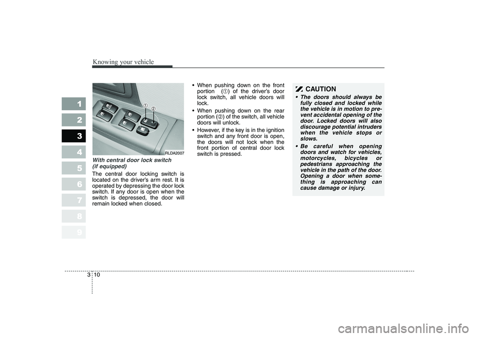 KIA CERATO 2005  Owners Manual Knowing your vehicle
10
3
1 23456789
With central door lock switch
(if equipped)
The central door locking switch is 
located on the driver’s arm rest. It is
operated by depressing the door lock
swit