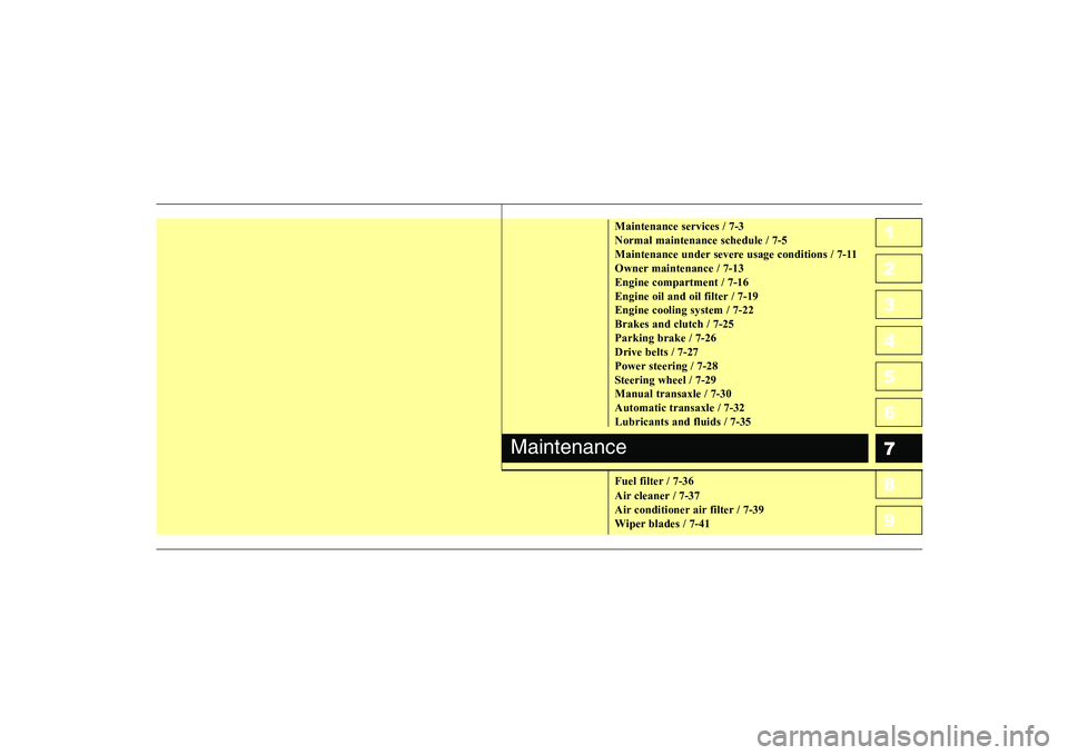 KIA CERATO 2005  Owners Manual 1 234567891 23456789
10
Maintenance services / 7-3 Normal maintenance schedule / 7-5
Maintenance under severe usage conditions / 7-11
Owner maintenance / 7-13Engine compartment / 7-16
Engine oil and o