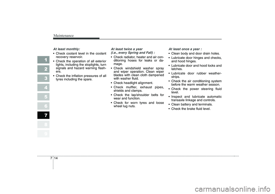 KIA CERATO 2005  Owners Manual Maintenance
14
7
1 23456789
At least monthly:
 Check coolant level in the coolant
recovery reservoir.
 Check the operation of all exterior lights, including the stoplights, turn 
signals and hazard wa