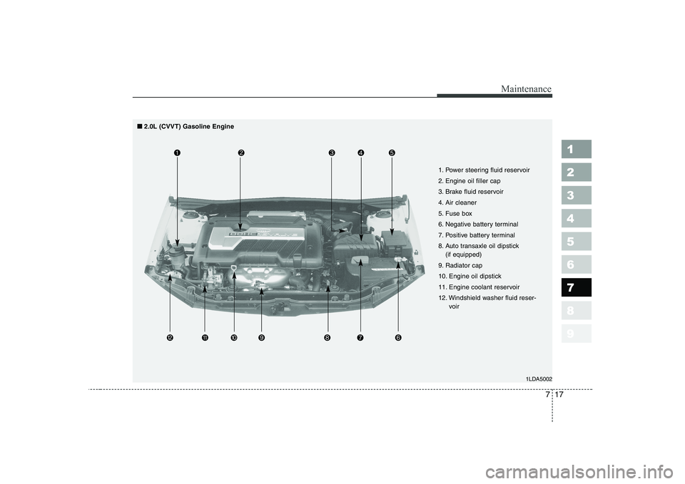 KIA CERATO 2005 Owners Manual 717
Maintenance
1 23456789
1LDA5002
1. Power steering fluid reservoir
2. Engine oil filler cap
3. Brake fluid reservoir
4. Air cleaner
5. Fuse box
6. Negative battery terminal
7. Positive battery ter KIA CERATO 2005 Owners Manual 717
Maintenance
1 23456789
1LDA5002
1. Power steering fluid reservoir
2. Engine oil filler cap
3. Brake fluid reservoir
4. Air cleaner
5. Fuse box
6. Negative battery terminal
7. Positive battery ter