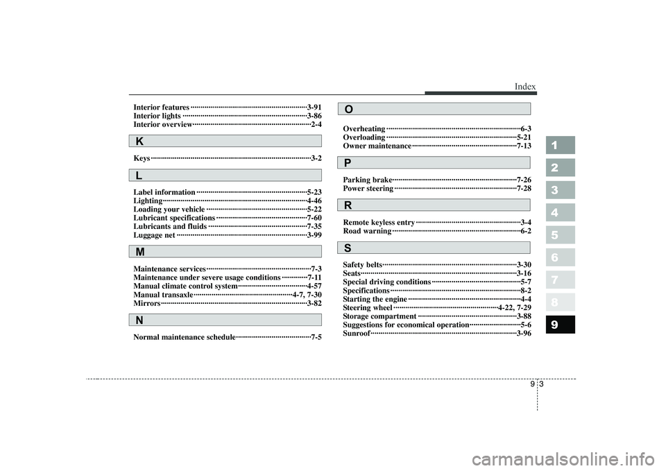 KIA CERATO 2005  Owners Manual 93
1 23456789
Index
Interior features ···························································3-91 
Interior lights ···········