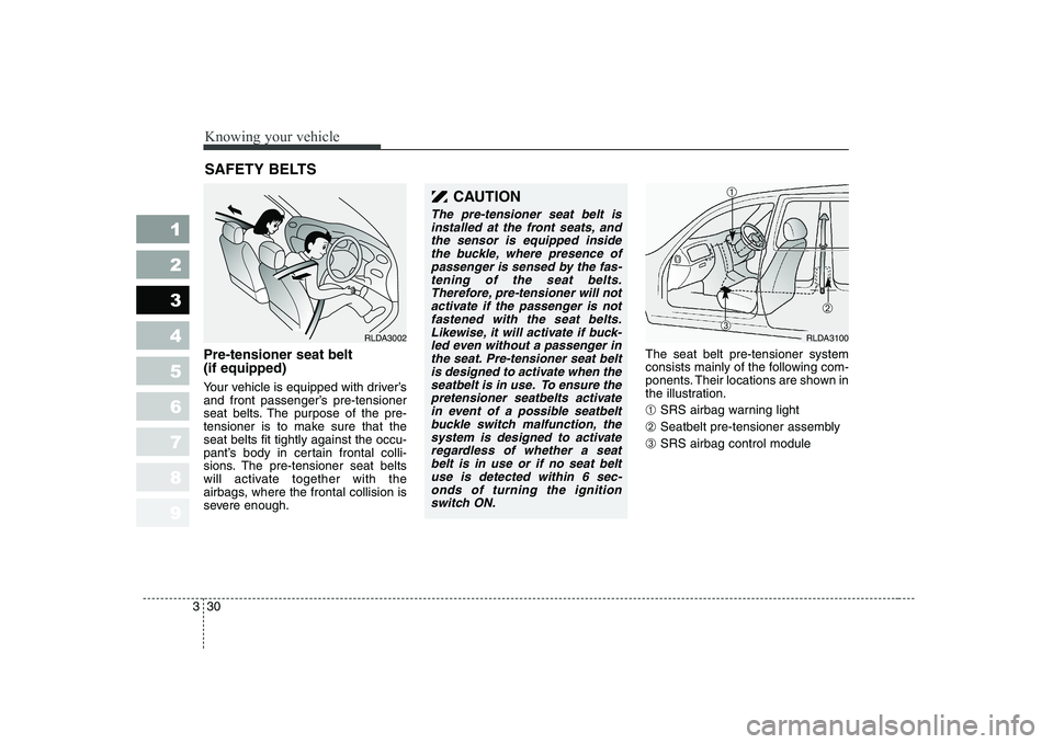 KIA CERATO 2005 Service Manual Knowing your vehicle
30
3
1 23456789
Pre-tensioner seat belt  (if equipped) 
Your vehicle is equipped with driver’s 
and front passenger’s pre-tensioner
seat belts. The purpose of the pre-
tension