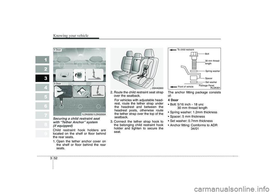 KIA CERATO 2005 Repair Manual Knowing your vehicle
52
3
1 23456789
Securing a child restraint seat
with “Tether Anchor” system (if equipped)
Child restraint hook holders are located on the shelf or floor behind
the rear sea KIA CERATO 2005 Repair Manual Knowing your vehicle
52
3
1 23456789
Securing a child restraint seat
with “Tether Anchor” system (if equipped)
Child restraint hook holders are located on the shelf or floor behind
the rear sea