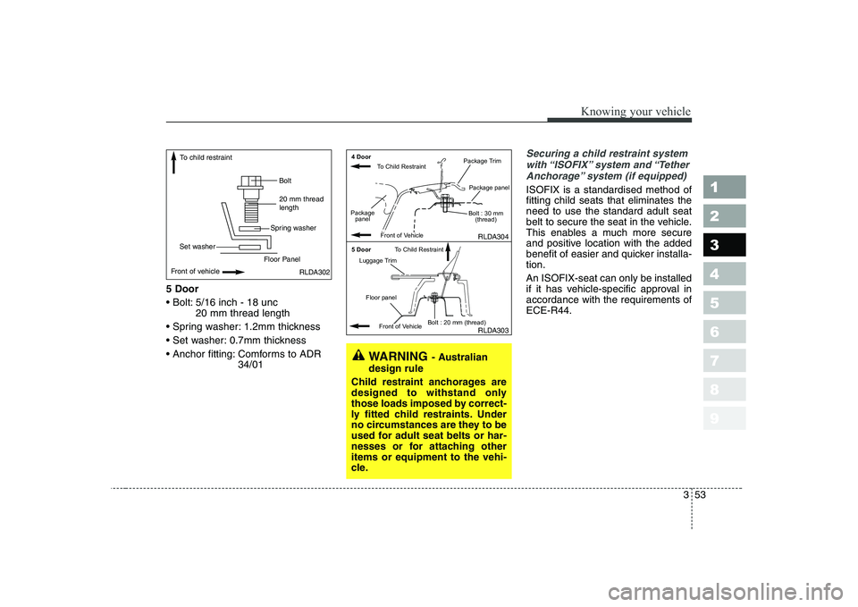 KIA CERATO 2005 Repair Manual 353
1 23456789
Knowing your vehicle
5 Door
5/16 inch - 18 unc20 mm thread length
1.2mm thickness
0.7mm thickness
Comforms to ADR 34/01
Securing a child restraint system
with “ISOFIX” system KIA CERATO 2005 Repair Manual 353
1 23456789
Knowing your vehicle
5 Door
5/16 inch - 18 unc20 mm thread length
1.2mm thickness
0.7mm thickness
Comforms to ADR 34/01
Securing a child restraint system
with “ISOFIX” system