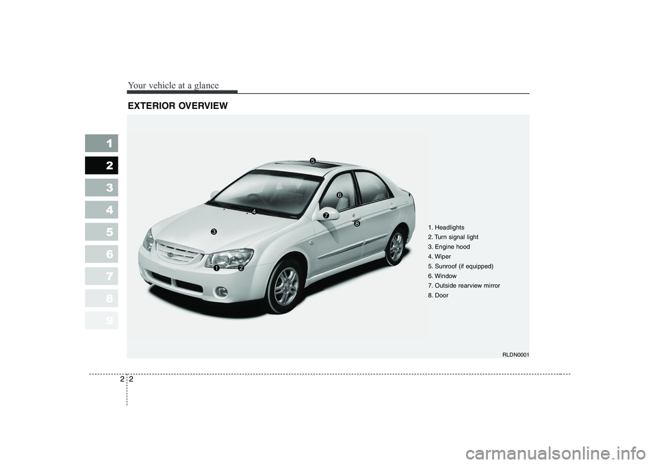 KIA CERATO 2005  Owners Manual Your vehicle at a glance
2
2
1 23456789
EXTERIOR OVERVIEW
1. Headlights 
2. Turn signal light
3. Engine hood
4. Wiper
5. Sunroof (if equipped)
6. Window
7. Outside rearview mirror
8. Door
RLDN0001  