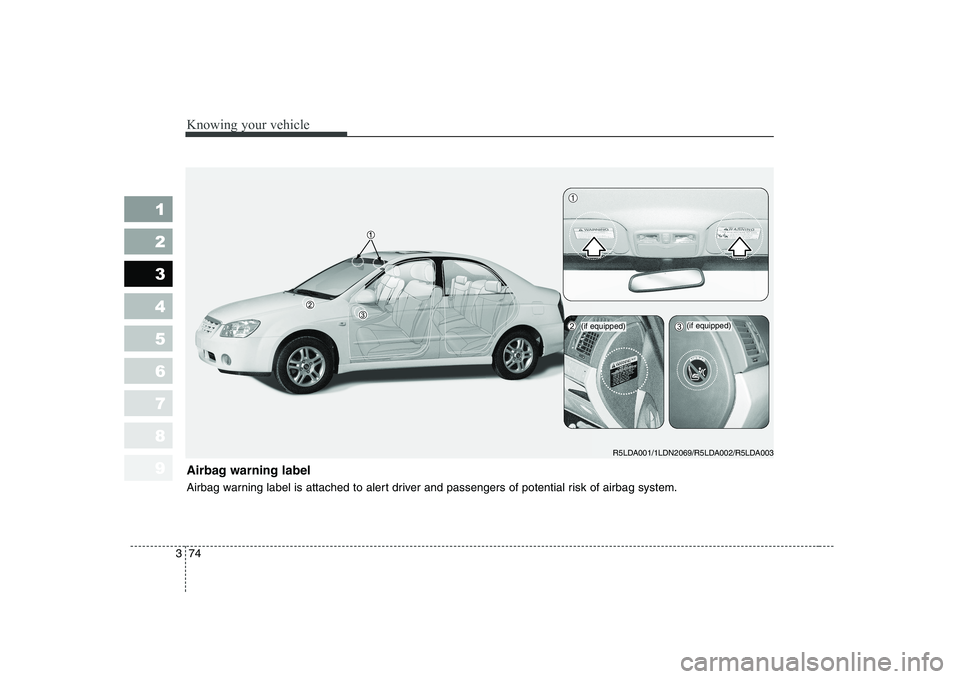 KIA CERATO 2005 Manual Online Knowing your vehicle
74
3
1 23456789
Airbag warning label
Airbag warning label is attached to alert driver and passengers of potential risk of airbag system.
R5LDA001/1LDN2069/R5LDA002/R5LDA003
➀
KIA CERATO 2005 Manual Online Knowing your vehicle
74
3
1 23456789
Airbag warning label
Airbag warning label is attached to alert driver and passengers of potential risk of airbag system.
R5LDA001/1LDN2069/R5LDA002/R5LDA003
➀