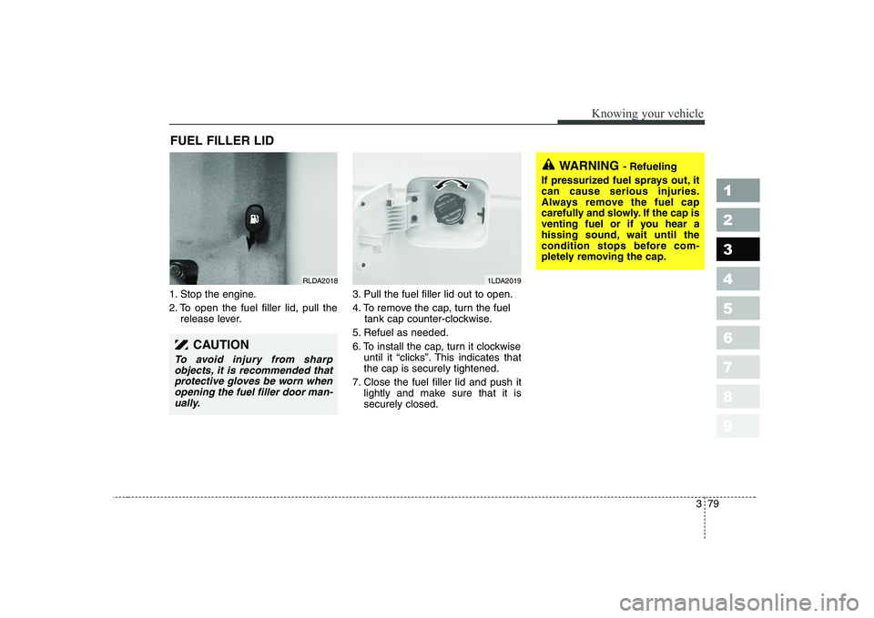 KIA CERATO 2005  Owners Manual 379
1 23456789
Knowing your vehicle
1. Stop the engine. 
2. To open the fuel filler lid, pull therelease lever. 3. Pull the fuel filler lid out to open.
4. To remove the cap, turn the fuel
tank cap co