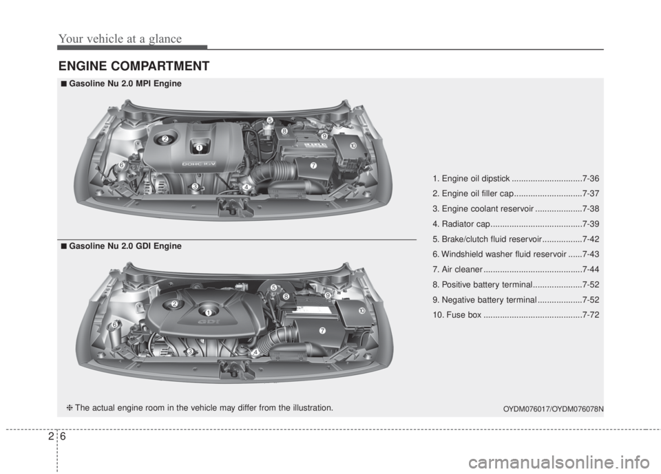 KIA FORTE 5 2017  Owners Manual Your vehicle at a glance
6 2
ENGINE COMPARTMENT
OYDM076017/OYDM076078N
■Gasoline Nu 2.0 MPI Engine
❈The actual engine room in the vehicle may differ from the illustration.
■Gasoline Nu 2.0 GDI E