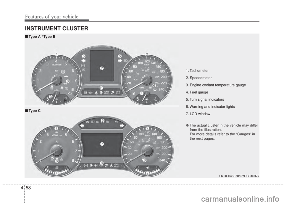 KIA FORTE 5 2017  Owners Manual Features of your vehicle
58 4
INSTRUMENT CLUSTER
1. Tachometer
2. Speedometer
3. Engine coolant temperature gauge
4. Fuel gauge
5. Turn signal indicators
6. Warning and indicator lights
7. LCD window
