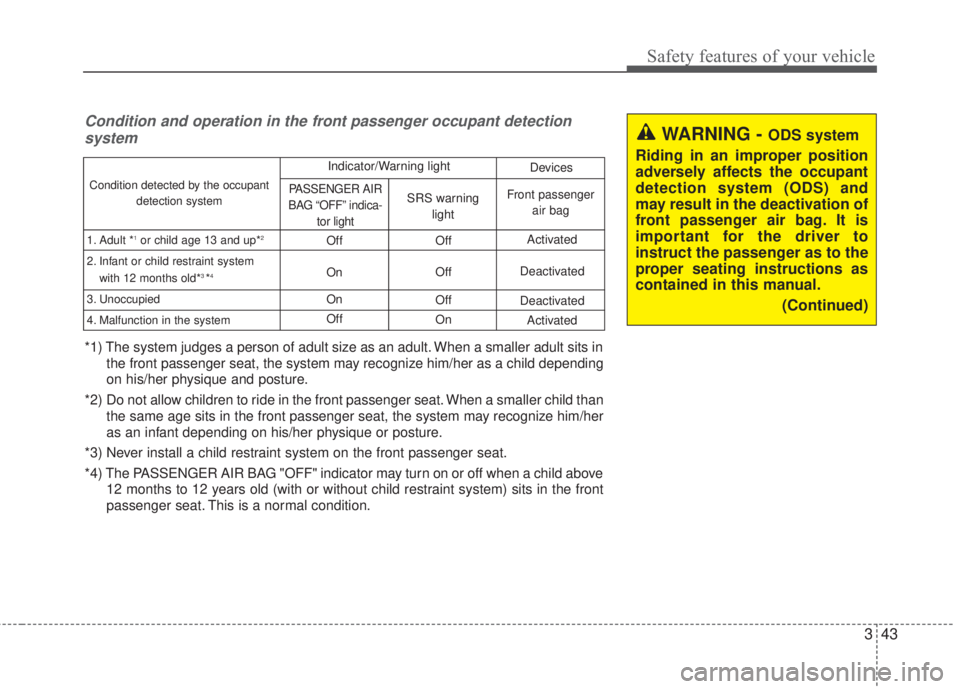 KIA FORTE 5 2017 Workshop Manual 343
Safety features of your vehicle
Condition and operation in the front passenger occupant detection
system
*1) The system judges a person of adult size as an adult. When a smaller adult sits in
the KIA FORTE 5 2017 Workshop Manual 343
Safety features of your vehicle
Condition and operation in the front passenger occupant detection
system
*1) The system judges a person of adult size as an adult. When a smaller adult sits in
the