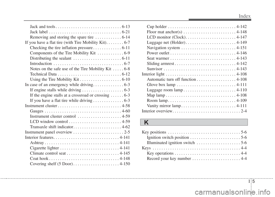 KIA FORTE 5 2017  Owners Manual I5
Index
Jack and tools . . . . . . . . . . . . . . . . . . . . . . . . . . . . . . 6-13
Jack label . . . . . . . . . . . . . . . . . . . . . . . . . . . . . . . . . 6-21
Removing and storing the spar