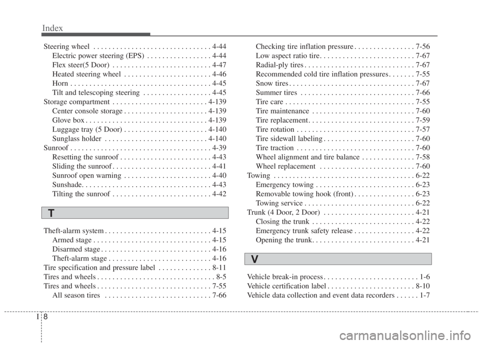 KIA FORTE 5 2017  Owners Manual Index
8I
Steering wheel . . . . . . . . . . . . . . . . . . . . . . . . . . . . . . . 4-44
Electric power steering (EPS) . . . . . . . . . . . . . . . . . 4-44
Flex steer(5 Door) . . . . . . . . . . .