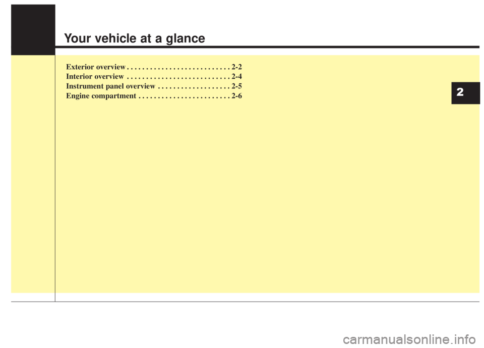 KIA FORTE 5 2017  Owners Manual Your vehicle at a glance
Exterior overview . . . . . . . . . . . . . . . . . . . . . . . . . . . 2-2
Interior overview . . . . . . . . . . . . . . . . . . . . . . . . . . . 2-4
Instrument panel overvi