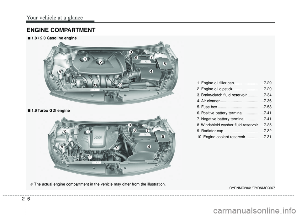 KIA FORTE 5 2016  Owners Manual Your vehicle at a glance
62
ENGINE COMPARTMENT 
OYDNMC2041/OYDNMC2067
■
■1.8 / 2.0 Gasoline engine
❈The actual engine compartment in the vehicle may differ from the illustration.
■
■1.6 Turb