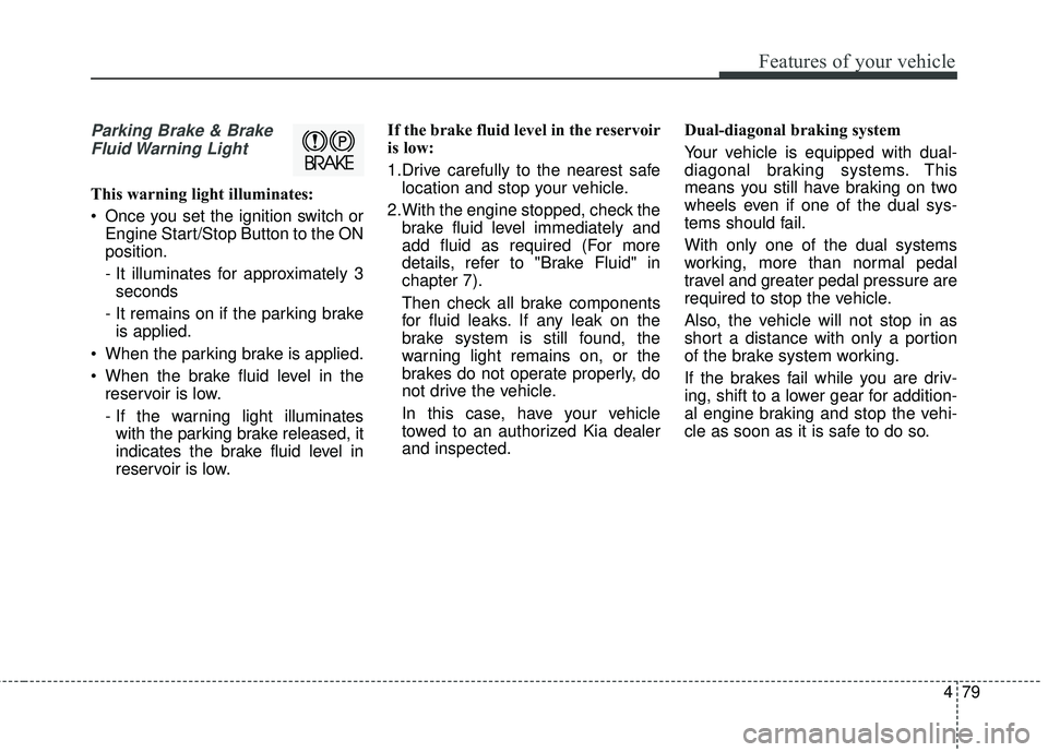 KIA FORTE 5 2016  Owners Manual 479
Features of your vehicle
Parking Brake & BrakeFluid Warning  Light
This warning light illuminates:
 Once you set the ignition switch or Engine Start/Stop Button to the ON
position.
- It illuminate