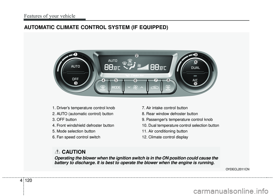 KIA FORTE 5 2016 Owners Manual Features of your vehicle
120
4
AUTOMATIC CLIMATE CONTROL SYSTEM (IF EQUIPPED)
1. Driver’s temperature control knob
2. AUTO (automatic control) button
3. OFF button
4. Front windshield defroster butt KIA FORTE 5 2016 Owners Manual Features of your vehicle
120
4
AUTOMATIC CLIMATE CONTROL SYSTEM (IF EQUIPPED)
1. Driver’s temperature control knob
2. AUTO (automatic control) button
3. OFF button
4. Front windshield defroster butt