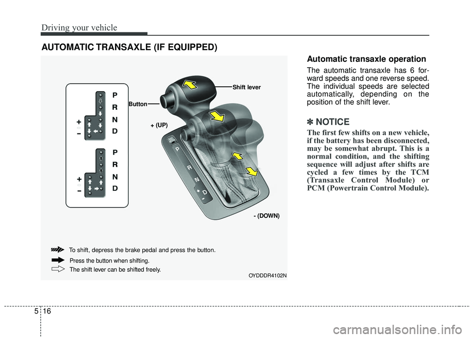 KIA FORTE 5 2016 Owners Manual Driving your vehicle
16
5
Automatic transaxle operation
The automatic transaxle has 6 for-
ward speeds and one reverse speed.
The individual speeds are selected
automatically, depending on the
positio KIA FORTE 5 2016 Owners Manual Driving your vehicle
16
5
Automatic transaxle operation
The automatic transaxle has 6 for-
ward speeds and one reverse speed.
The individual speeds are selected
automatically, depending on the
positio