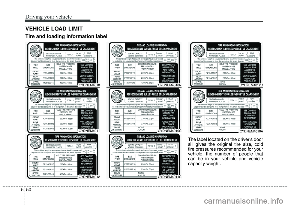 KIA FORTE 5 2016 Owners Manual Driving your vehicle
50
5
The label located on the drivers door
sill gives the original tire size, cold
tire pressures recommended for your
vehicle, the number of people that
can be in your vehicle a KIA FORTE 5 2016 Owners Manual Driving your vehicle
50
5
The label located on the drivers door
sill gives the original tire size, cold
tire pressures recommended for your
vehicle, the number of people that
can be in your vehicle a