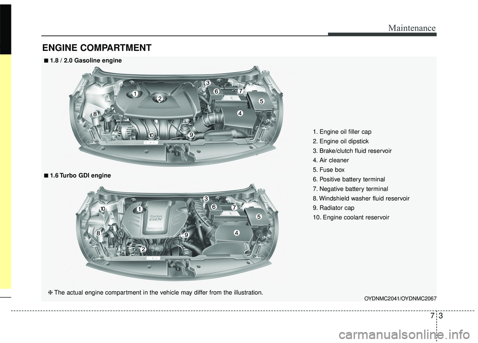 KIA FORTE 5 2016 Owners Manual 73
Maintenance
ENGINE COMPARTMENT
OYDNMC2041/OYDNMC2067
■
■1.8 / 2.0 Gasoline engine
❈The actual engine compartment in the vehicle may differ from the illustration.
■
■1.6 Turbo GDI engine
KIA FORTE 5 2016 Owners Manual 73
Maintenance
ENGINE COMPARTMENT
OYDNMC2041/OYDNMC2067
■
■1.8 / 2.0 Gasoline engine
❈The actual engine compartment in the vehicle may differ from the illustration.
■
■1.6 Turbo GDI engine