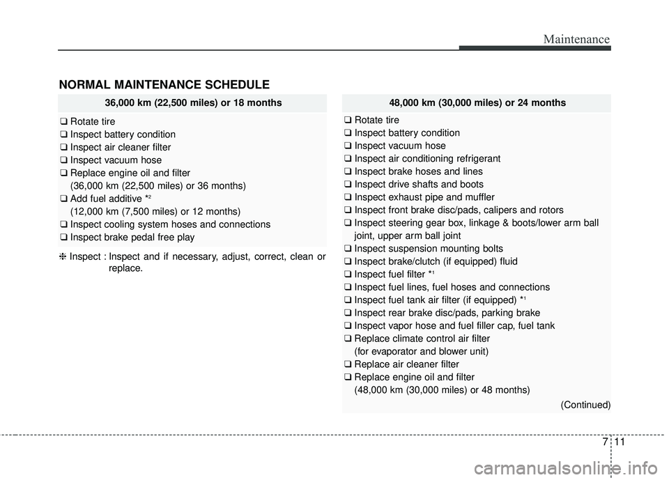 KIA FORTE 5 2016 Owners Manual 711
Maintenance
NORMAL MAINTENANCE SCHEDULE
36,000 km (22,500 miles) or 18 months
❑Rotate tire
❑ Inspect battery condition
❑ Inspect air cleaner filter
❑ Inspect vacuum hose
❑ Replace engin KIA FORTE 5 2016 Owners Manual 711
Maintenance
NORMAL MAINTENANCE SCHEDULE
36,000 km (22,500 miles) or 18 months
❑Rotate tire
❑ Inspect battery condition
❑ Inspect air cleaner filter
❑ Inspect vacuum hose
❑ Replace engin