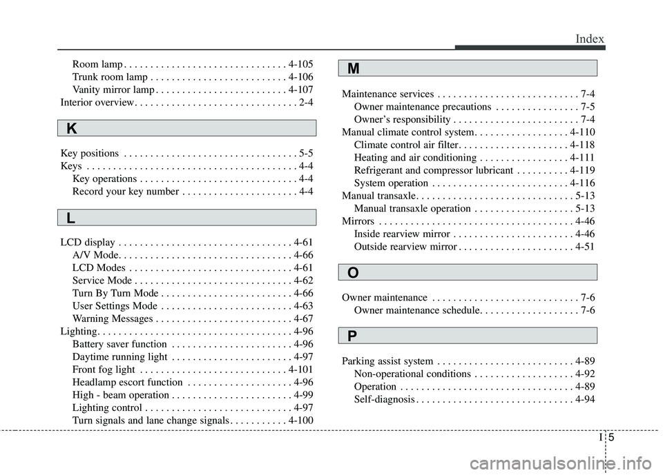 KIA FORTE 5 2016 Owners Manual I5
Index
Room lamp . . . . . . . . . . . . . . . . . . . . . . . . . . . . . . . 4-105
Trunk room lamp . . . . . . . . . . . . . . . . . . . . . . . . . . 4-106
Vanity mirror lamp . . . . . . . . . . KIA FORTE 5 2016 Owners Manual I5
Index
Room lamp . . . . . . . . . . . . . . . . . . . . . . . . . . . . . . . 4-105
Trunk room lamp . . . . . . . . . . . . . . . . . . . . . . . . . . 4-106
Vanity mirror lamp . . . . . . . . . .