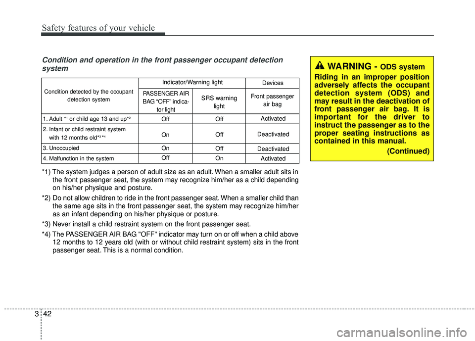 KIA FORTE 5 2016 Owners Manual Safety features of your vehicle
42
3
WARNING - ODS system
Riding in an improper position
adversely affects the occupant
detection system (ODS) and
may result in the deactivation of
front passenger air KIA FORTE 5 2016 Owners Manual Safety features of your vehicle
42
3
WARNING - ODS system
Riding in an improper position
adversely affects the occupant
detection system (ODS) and
may result in the deactivation of
front passenger air