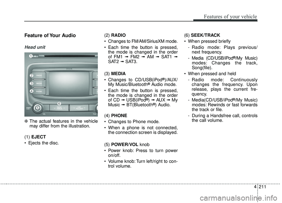 KIA FORTE KOUP 2018  Owners Manual 211
4
Features of your vehicle
Feature of Your Audio
Head unit
❈
The actual features in the vehicle
may differ from the illustration.
(1)  EJECT
 Ejects the disc. (2) 
RADIO
 Changes to FM/AM/Sirius