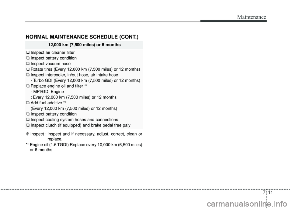 KIA FORTE KOUP 2018 Owners Manual 711
Maintenance
12,000 km (7,500 miles) or 6 months
βInspect air cleaner filter
β Inspect battery condition
β Inspect vacuum hose
β Rotate tires (Every 12,000 km (7,500 miles) or 12 months)
β KIA FORTE KOUP 2018 Owners Manual 711
Maintenance
12,000 km (7,500 miles) or 6 months
βInspect air cleaner filter
β Inspect battery condition
β Inspect vacuum hose
β Rotate tires (Every 12,000 km (7,500 miles) or 12 months)
β