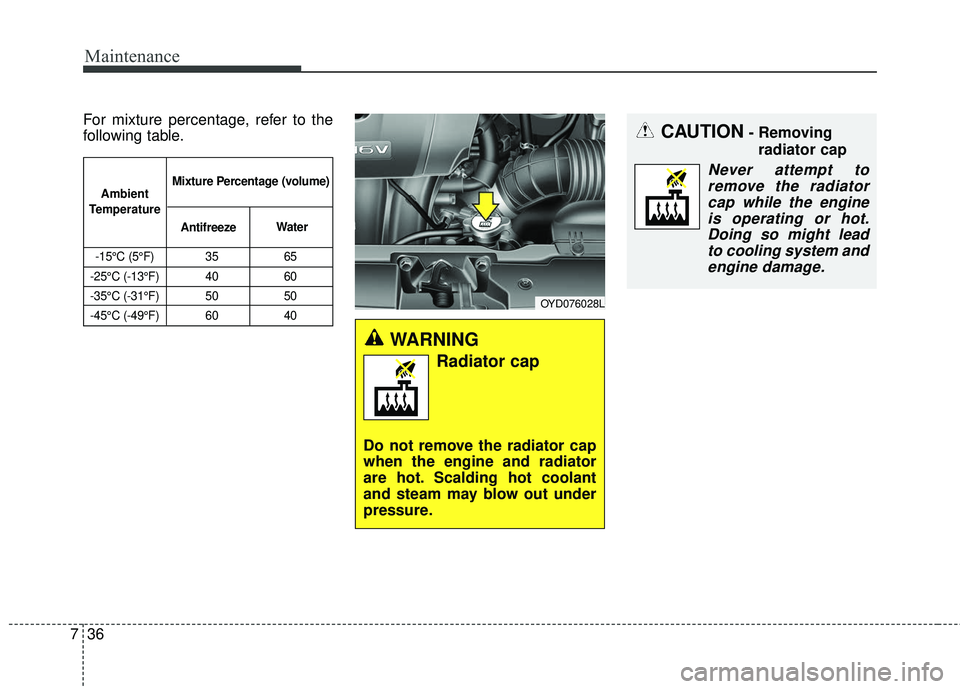 KIA FORTE KOUP 2018 Owners Manual Maintenance
36
7
CAUTION- Removing
radiator cap
Never attempt toremove the radiator cap while the engineis operating or hot.Doing so might lead to cooling system andengine damage.
For mixture percenta KIA FORTE KOUP 2018 Owners Manual Maintenance
36
7
CAUTION- Removing
radiator cap
Never attempt toremove the radiator cap while the engineis operating or hot.Doing so might lead to cooling system andengine damage.
For mixture percenta