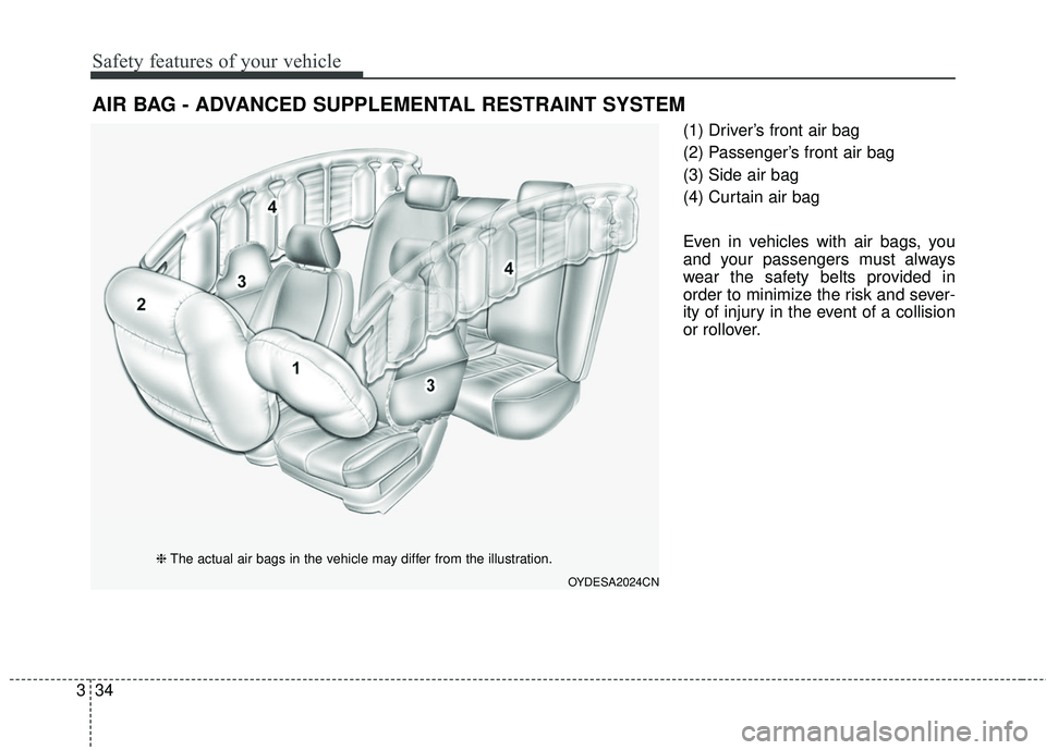 KIA FORTE KOUP 2018 Workshop Manual Safety features of your vehicle
34
3
(1) Driver’s front air bag
(2) Passenger’s front air bag
(3) Side air bag
(4) Curtain air bag
Even in vehicles with air bags, you
and your passengers must alwa