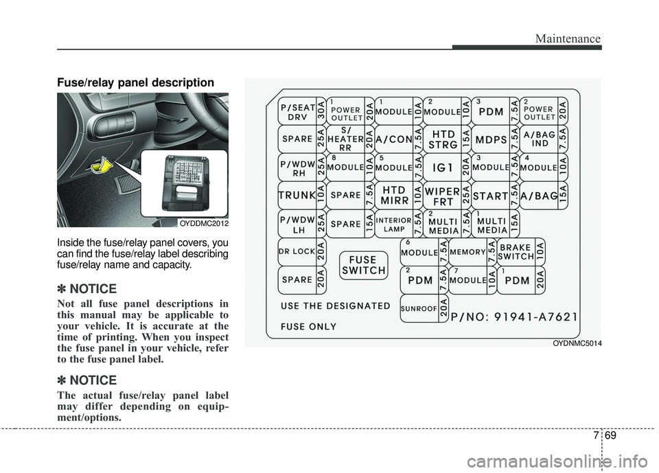 KIA FORTE KOUP 2018  Owners Manual 769
Maintenance
Fuse/relay panel description
Inside the fuse/relay panel covers, you
can find the fuse/relay label describing
fuse/relay name and capacity.
✽ ✽NOTICE
Not all fuse panel description